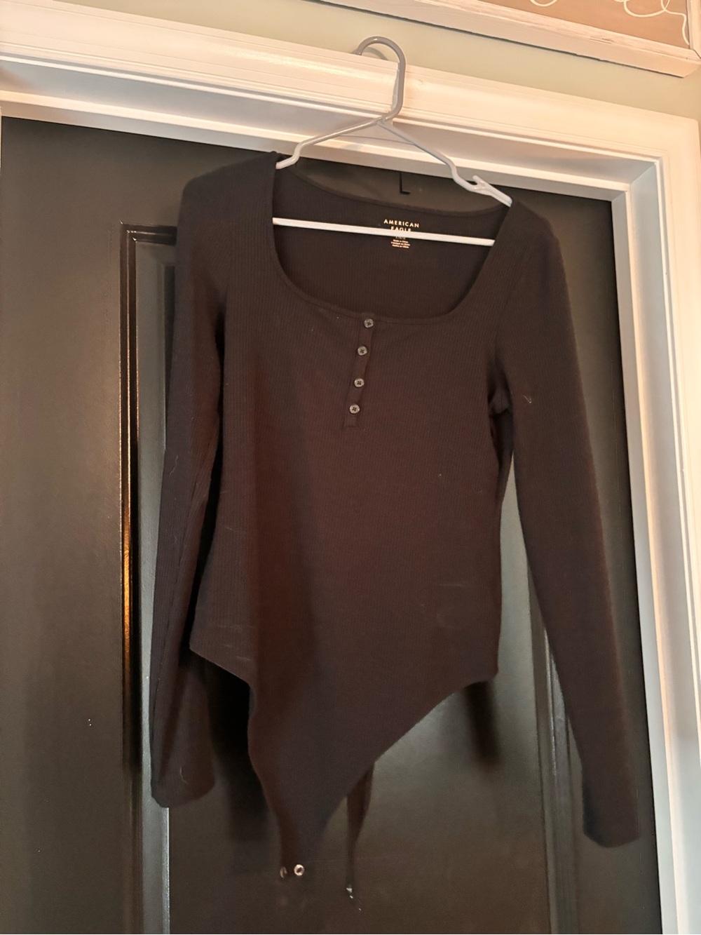 American Eagle Outfitters Black Ribbed Henley  Bodysuit